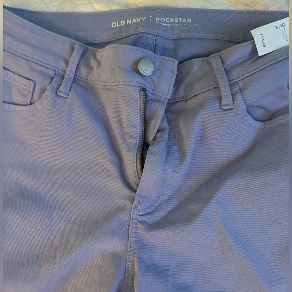 Old Navy Rockstar, purple, mid-rise skinny jeans, ankle length, raw edge